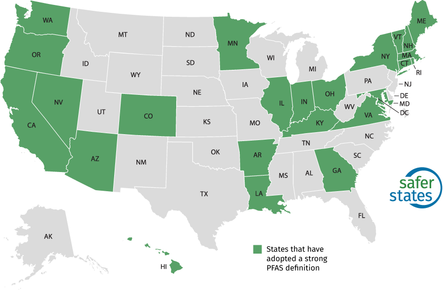 A map of the United States. States highlighted in green have adopted a strong definition of PFAS. 