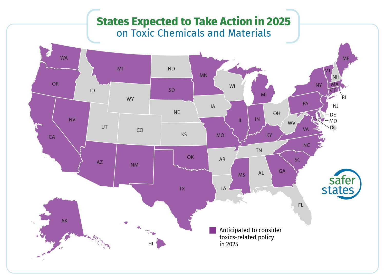 Map of the United States showing states in purple expected to take action on toxic chemicals and materials in 2025.