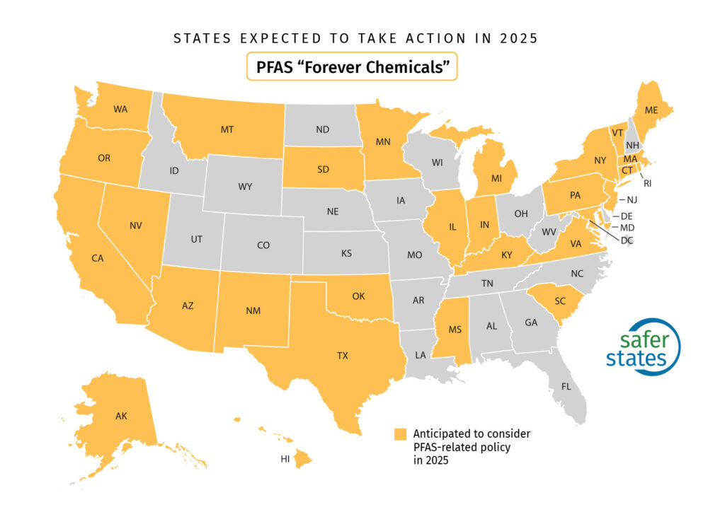 Map showing U.S. states anticipated to consider PFAS-related policy in 2025, highlighted in orange. Other states are shown in gray.