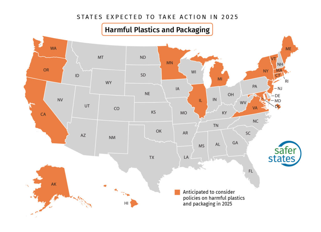 Map of the United States showing states in orange expected to take action on toxic plastics and packaging in 2025. Other states are shown in gray.