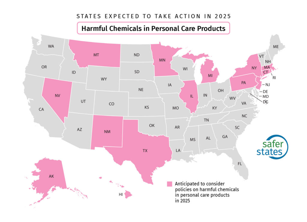 Map of the United States showing states in pink expected to take action on toxic chemicals in personal care products in 2025. Other states are shown in gray.