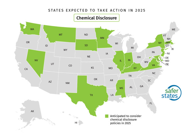 Map of the United States showing states in light green expected to consider chemical disclosure policies in 2025. Other states are shown in gray.